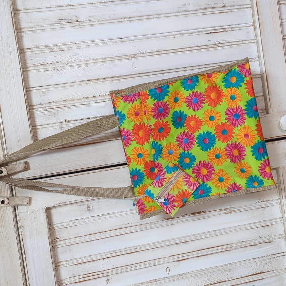 Behringer, retro floral nylon tote with attached small coin purse.